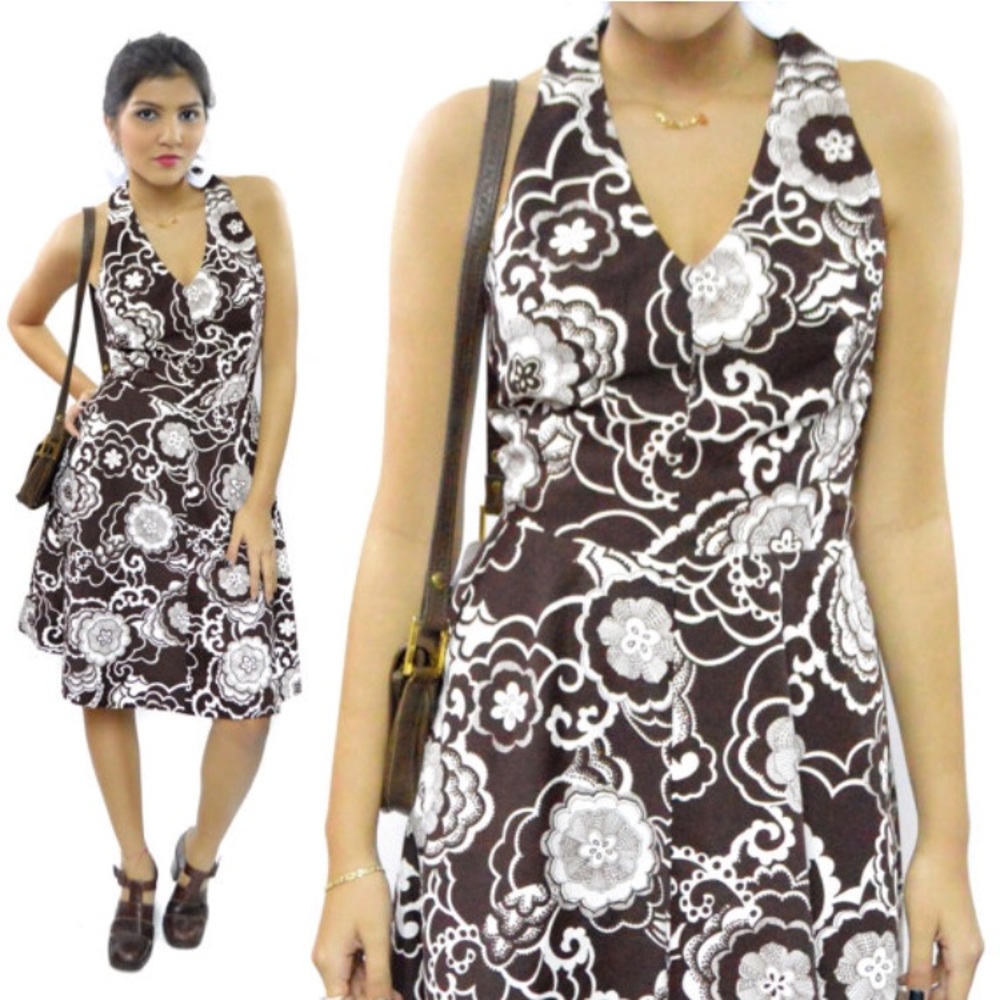 70s Floral Brown Halter Top Boho Dress